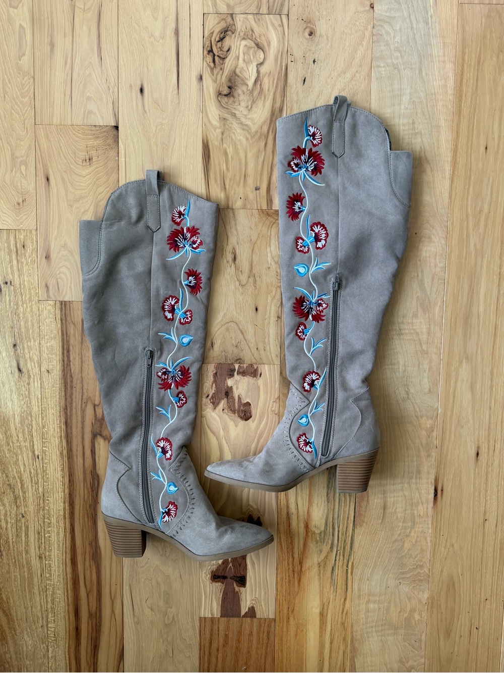 Carlos Suede Embroidered Knee-High Boots in Taupe 8.5
